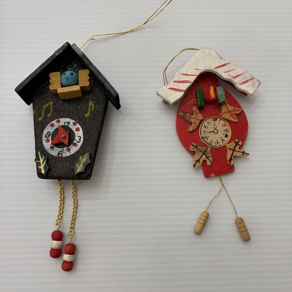 Vintage Wooden Cuckoo Clock Christmas Ornaments Lot Of 2 Hand Painted